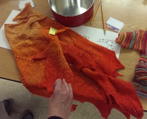 Leaf shawl, from different strengths of yellow #6, then overdyed to mitigate the obvious stripes. Lovely.